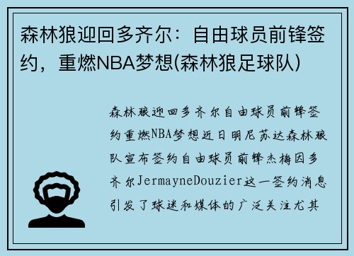 森林狼迎回多齐尔：自由球员前锋签约，重燃NBA梦想(森林狼足球队)