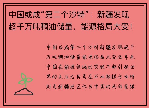 中国或成“第二个沙特”：新疆发现超千万吨稠油储量，能源格局大变！