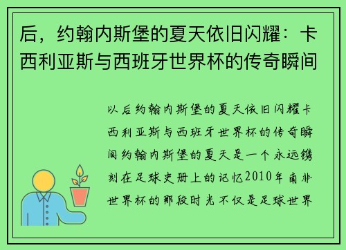 后，约翰内斯堡的夏天依旧闪耀：卡西利亚斯与西班牙世界杯的传奇瞬间