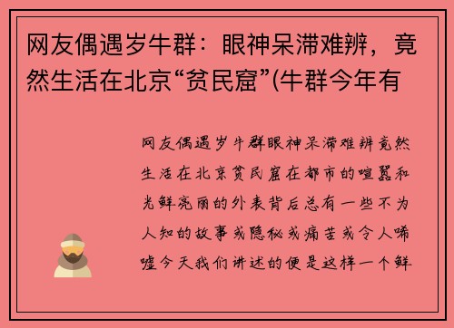 网友偶遇岁牛群：眼神呆滞难辨，竟然生活在北京“贫民窟”(牛群今年有多大岁数)