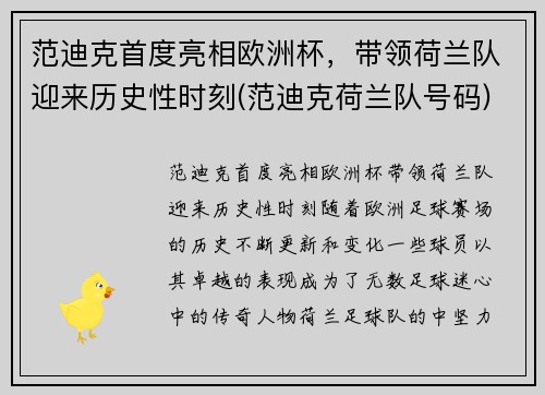 范迪克首度亮相欧洲杯，带领荷兰队迎来历史性时刻(范迪克荷兰队号码)